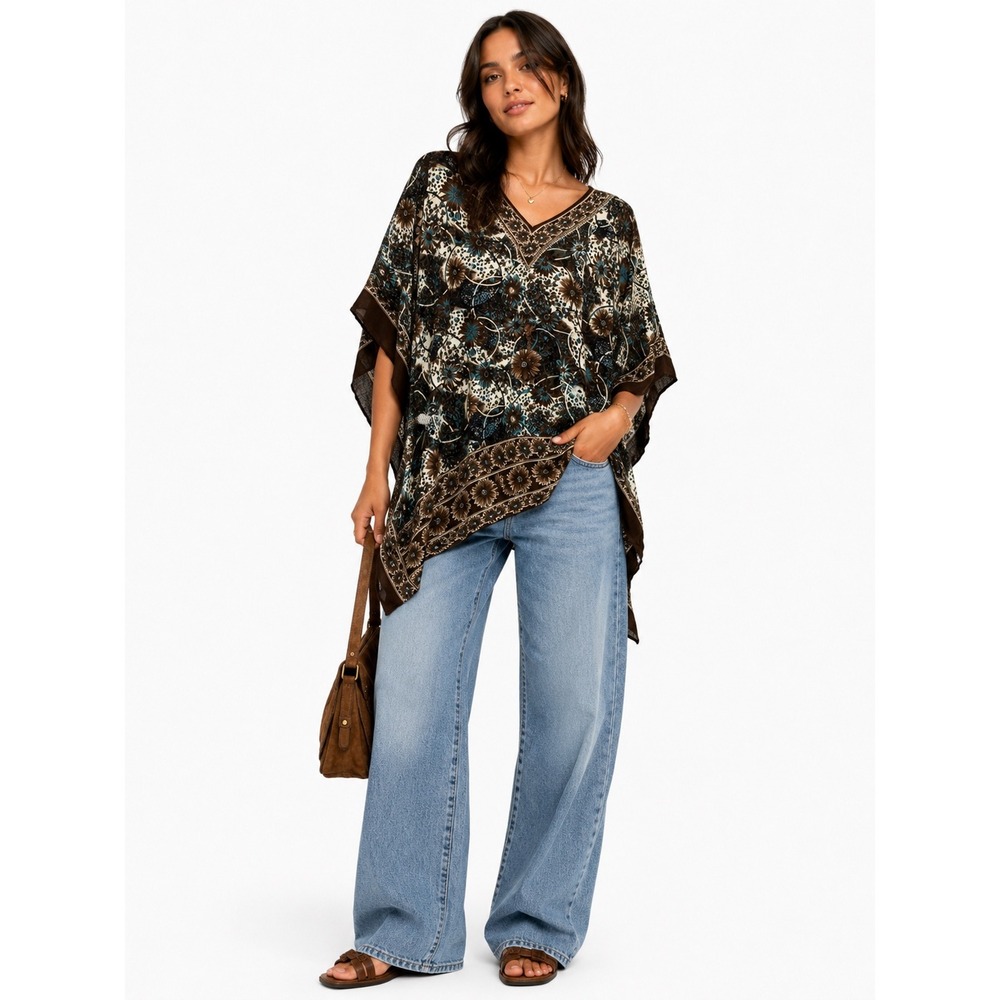 Sahiba Kaftan Top Womens OS Brown Floral V-Neck Oversized Boho Coverup Mandala